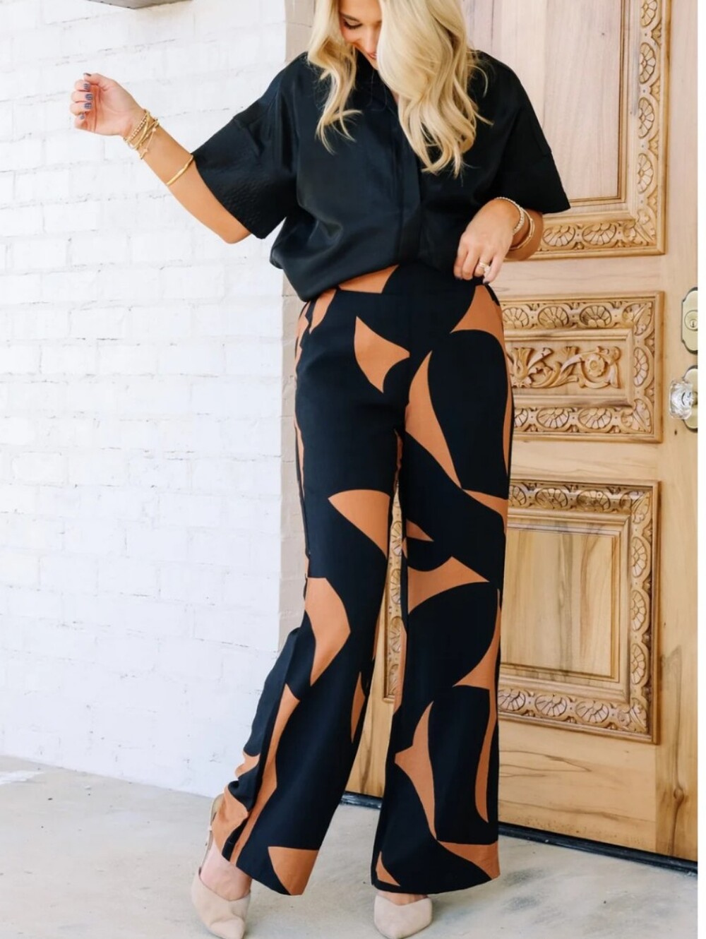 Tribal Tan And Black High Waist Wide Leg Pants Size XL - Picture 3 of 9